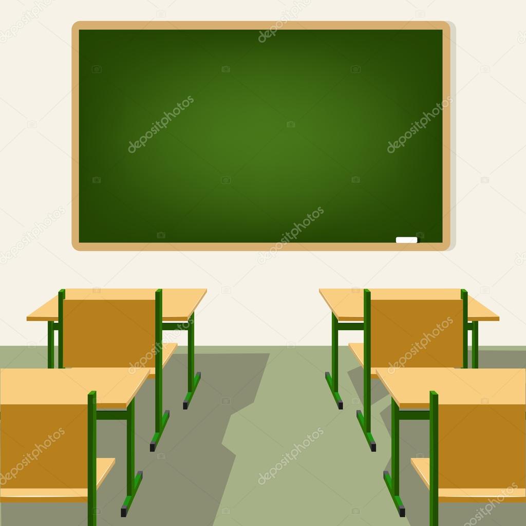 empty school classroom with blackboard and desks