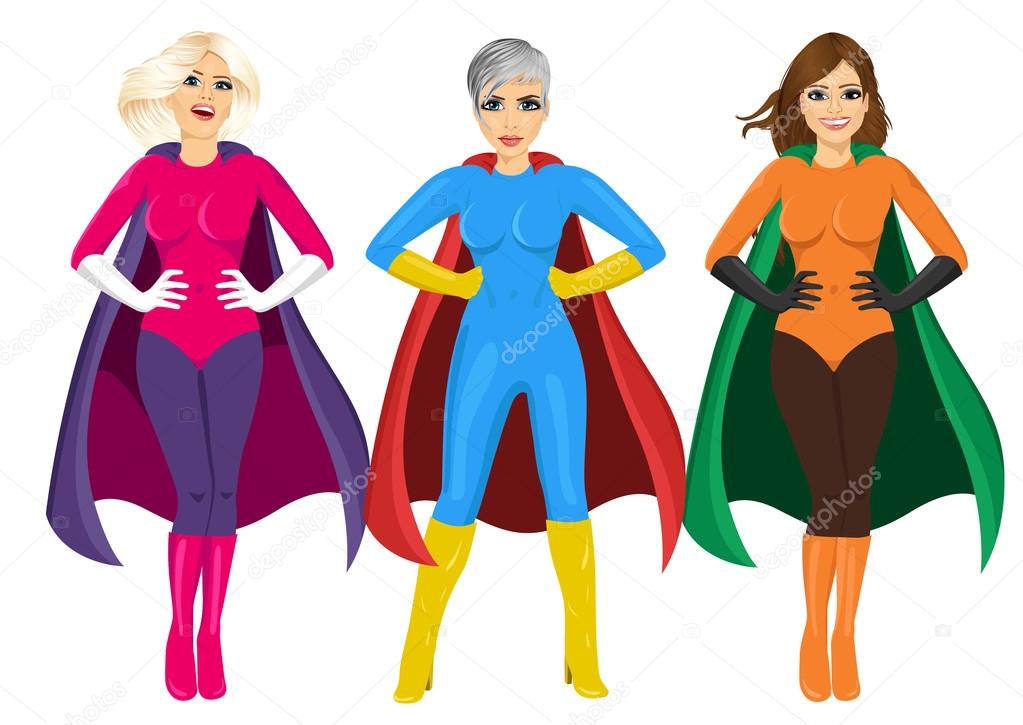 three beautiful girls in superhero costume standing with hands on hips