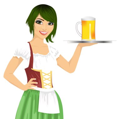 çekici garson elinde tepsi ile bira bardağı oktoberfest parti bir dirndl giyiyor için