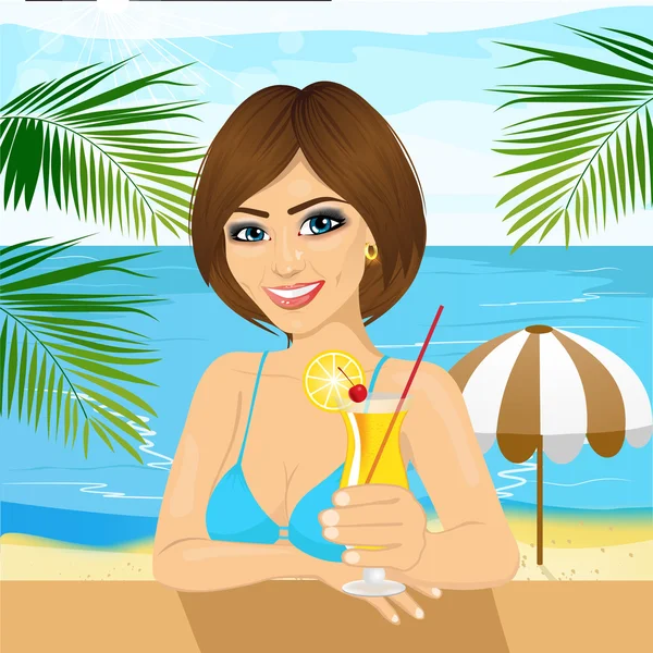 Mulher sentada à mesa na praia beber coquetel —  Vetores de Stock
