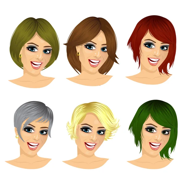 Isolierte Reihe von jungen Frauen Avatar mit verschiedenen Frisuren — Stockvektor