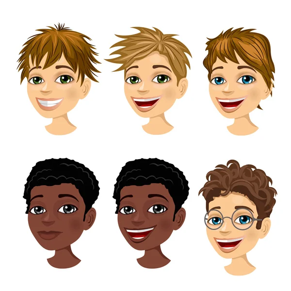 Conjunto de expresiones de niño avatar con diferentes peinados — Vector de stock