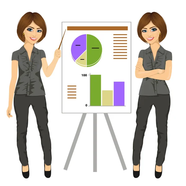 Hermosa mujer de negocios de pie cerca de flip board señalando y explicando el concepto de finanzas — Vector de stock