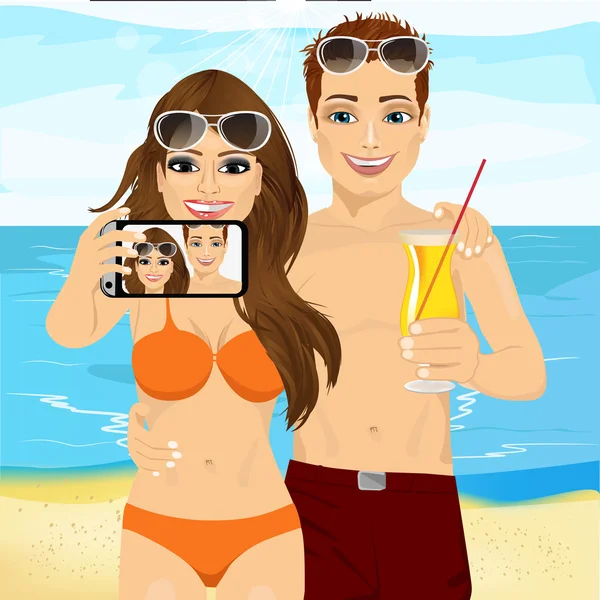 Young couple with sunglasses taking selfie photo together using smartphone camera at the beach — Stock Vector