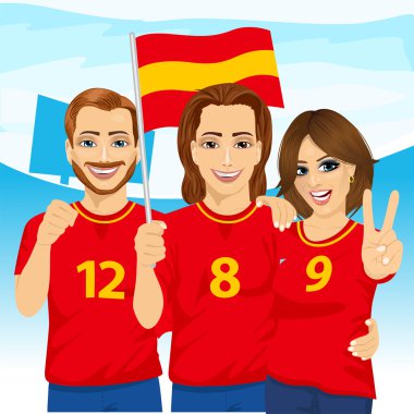 Üç İspanyol futbol taraftarları stadyumda heyecanlı