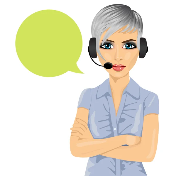 Operador de telefone de apoio ao cliente feminino confiante com braços dobrados e bolha de fala — Vetor de Stock