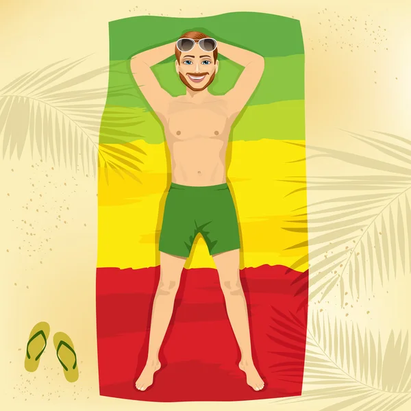 Junger Mann liegt auf einem Handtuch am Strand in Form einer äthiopischen Flagge — Stockvektor