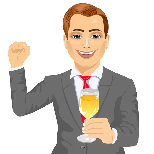 Succesvolle jonge zakenman die houdt van een glas champagne terwijl het opheffen van de vuist — Stockvector