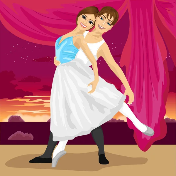 Pareja de bailarines de ballet posando sobre paisajes con puesta de sol por la noche — Vector de stock