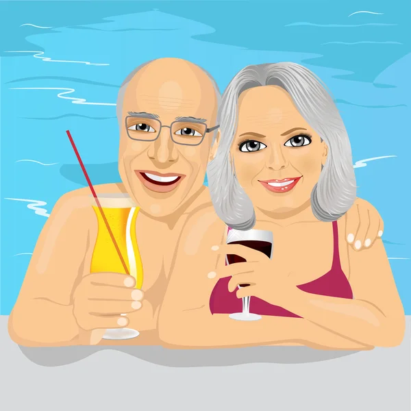 Schönes Seniorenpaar trinkt Rotwein und Cocktail im Pool — Stockvektor