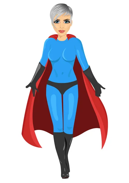 Όμορφο κορίτσι στο κοστούμι superhero περπατώντας προς τα εμπρός — Διανυσματικό Αρχείο