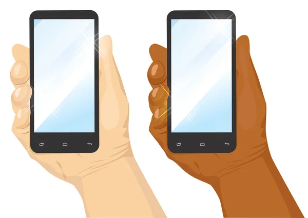Mão de caucasiano e africano americano homem segurando preto vertical smartphone — Vetor de Stock