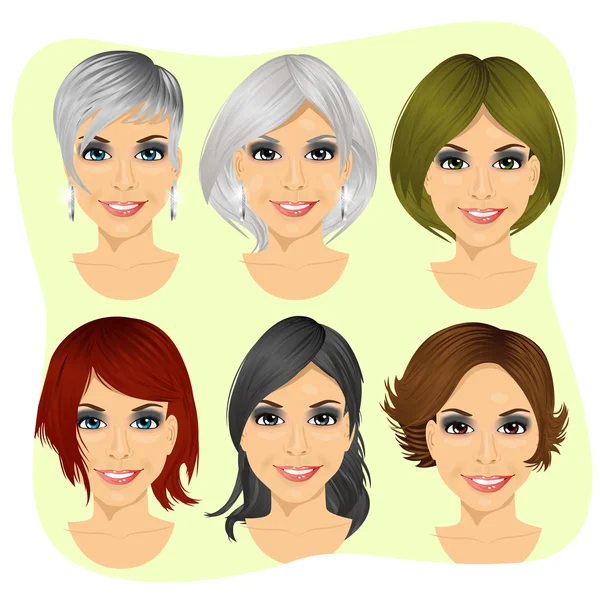 Değişik saç modelleri ile genç kadın avatar izole kümesi — Stok Vektör
