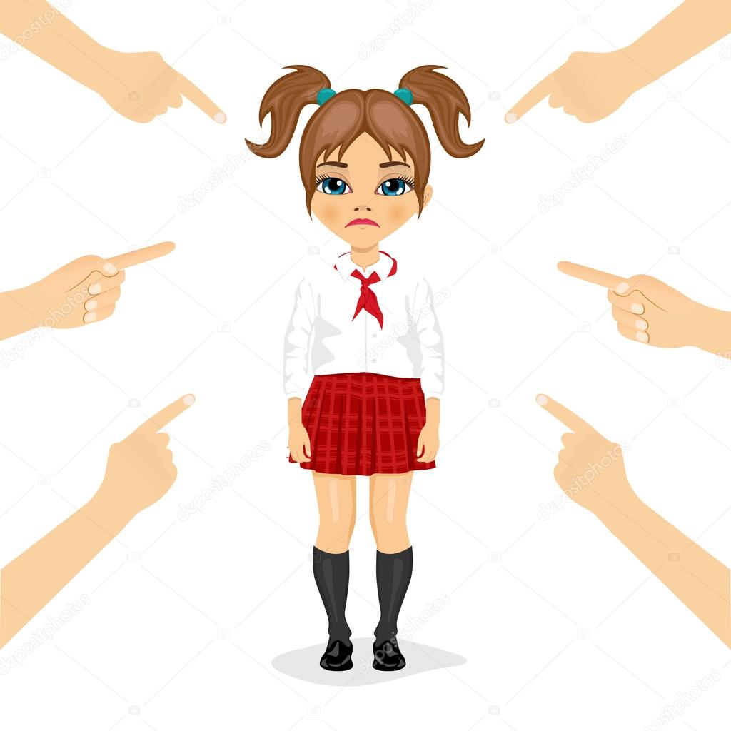 pretty little schoolgirl being accused with fingers pointing at her