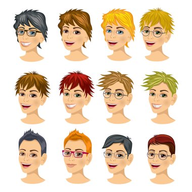 değişik saç modelleri ile genç avatar ifadeler kümesi