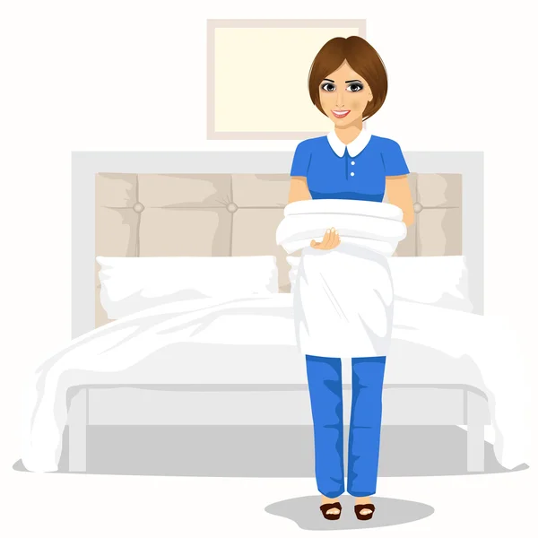 タオル、ベッドのシーツとメイドの女性。ハウス クリーニング サービスのコンセプト — ストックベクタ