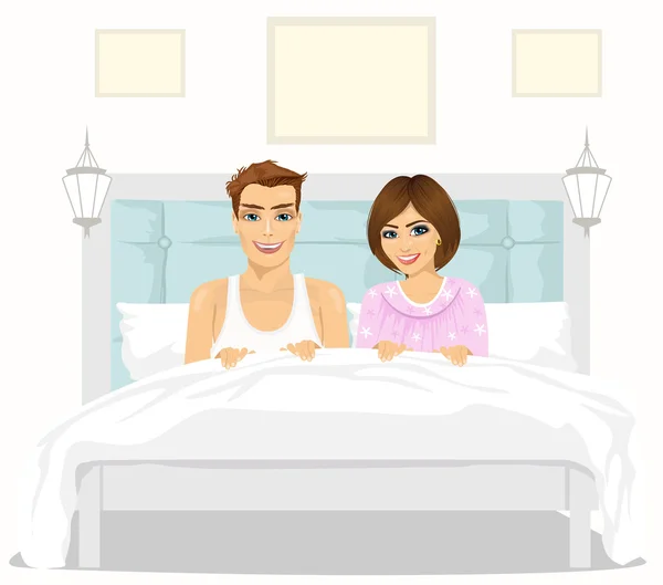 Mooie paar verliefd zitten samen in bed — Stockvector