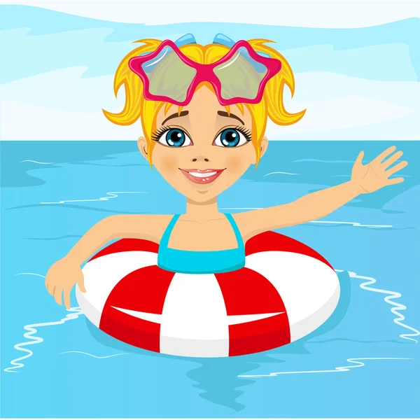 Mignonne petite fille nageant dans la piscine avec anneau gonflable — Image vectorielle
