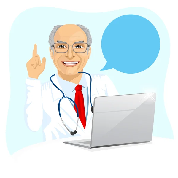 Senior male doctor with laptop giving advice pointing up using — Stock Vector