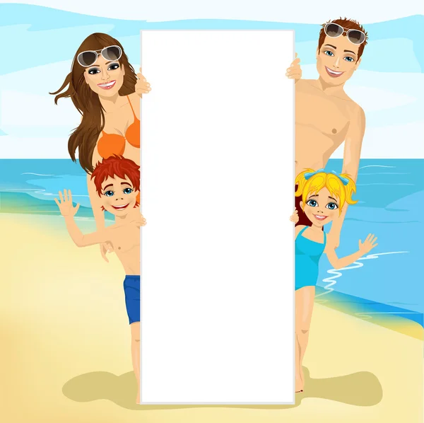 Familia feliz detrás de una cartelera blanca en blanco en la playa — Vector de stock