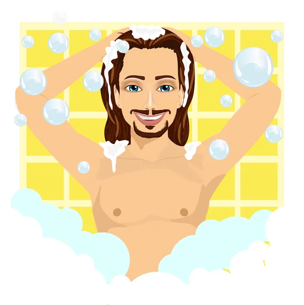 Joven caucásico sonriente hombre lavándose el cabello con champú — Archivo Imágenes Vectoriales