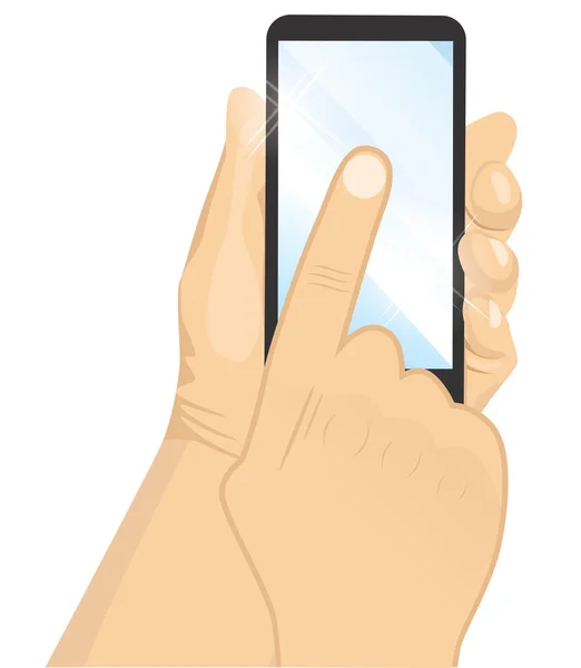 Mão masculina segurando um smartphone vertical preto tocando tela azul com o dedo — Vetor de Stock