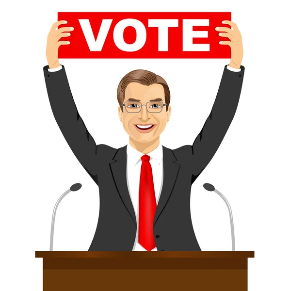 Politik muž drží transparent s SMS hlasování — Stockový vektor