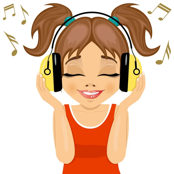 Pequeña linda chica disfruta escuchando música con auriculares — Vector de stock