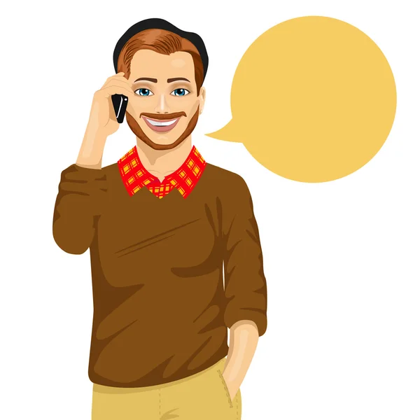 Jeune homme hipster parlant sur le téléphone mobile avec une bulle de parole — Image vectorielle