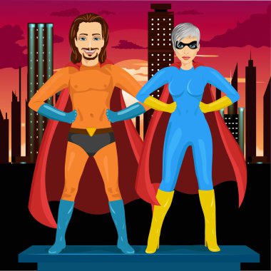young man and woman in superhero costume watching over night city clipart