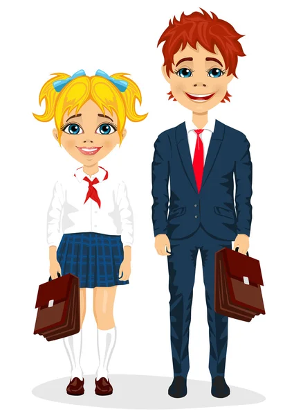 Jovem irmão e irmã com malas em pé juntos em uniforme escolar — Vetor de Stock