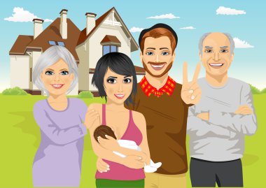 Klasik yazlık önünde duran yeni doğmuş bebek ve dedesi ile ebeveynler de dahil olmak üzere bir aile