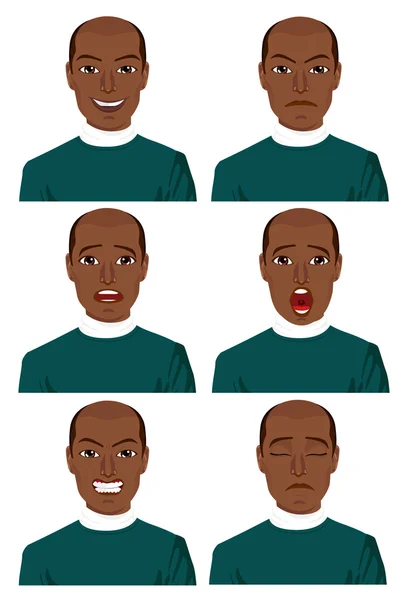 Joven afroamericano hombre con seis expresiones diferentes — Archivo Imágenes Vectoriales