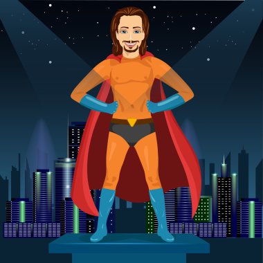 handsome young man in superhero costume watching over night city clipart