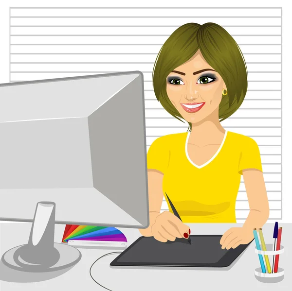 Happy female designer in office working with digital graphic tablet and digital pen - Stok Vektor