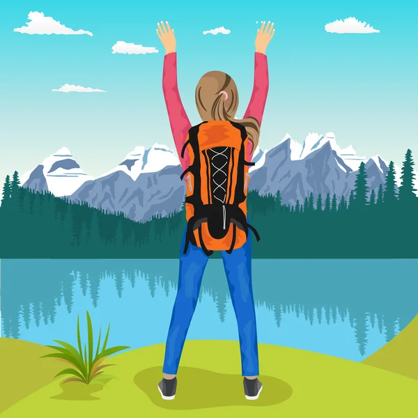 Young female hiker with her hands up enjoying mountain lake — Stock Vector