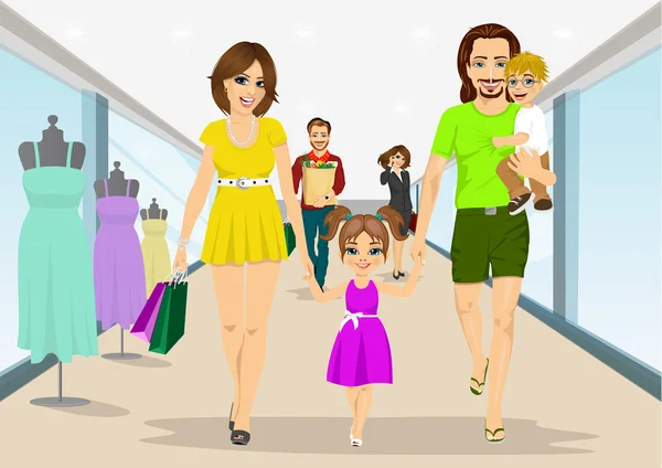 Bonne marche en famille avec des sacs à provisions dans un supermarché. Jeunes parents, mère et père avec leur fils et leur fille — Image vectorielle