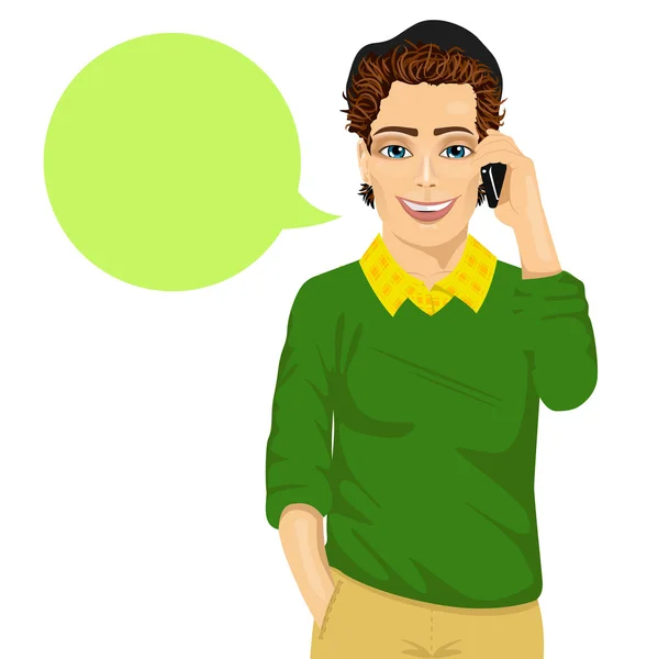 Young happy hipster man talking on the smartphone with a speech bubble — Stockvector