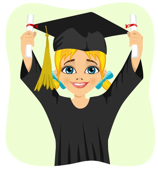 Young student girl holding two diplomas with both hands on graduation day — Wektor stockowy