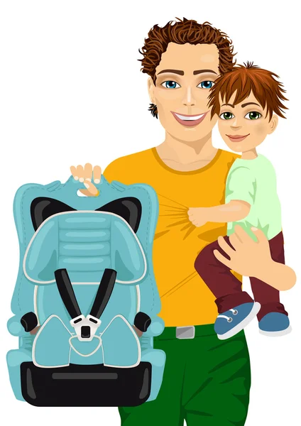 Счастливый отец держит сына в одной руке и детское кресло в другой — стоковый вектор