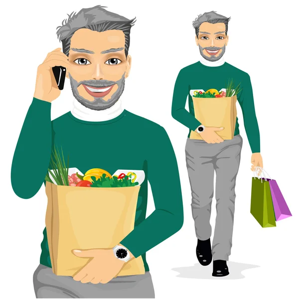 Mature homme portant épicerie sac en papier plein de nourriture saine — Image vectorielle