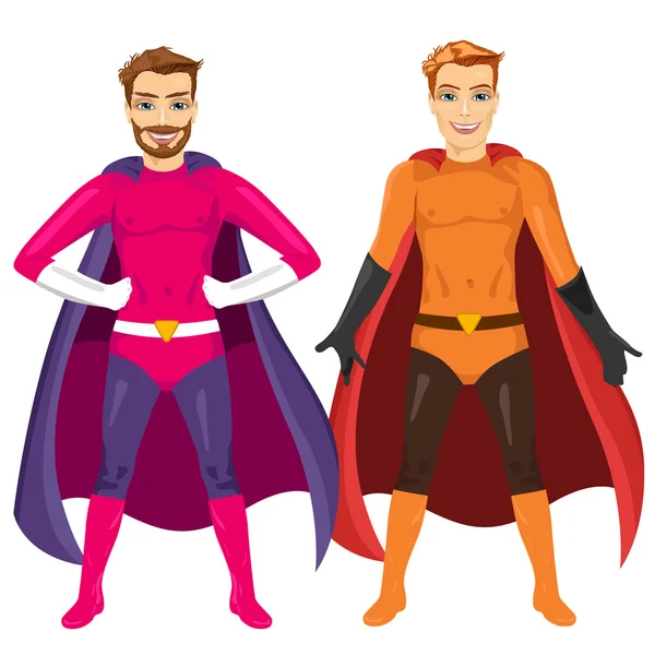 Deux jeunes hommes en costume de super-héros debout jambes écartées — Image vectorielle