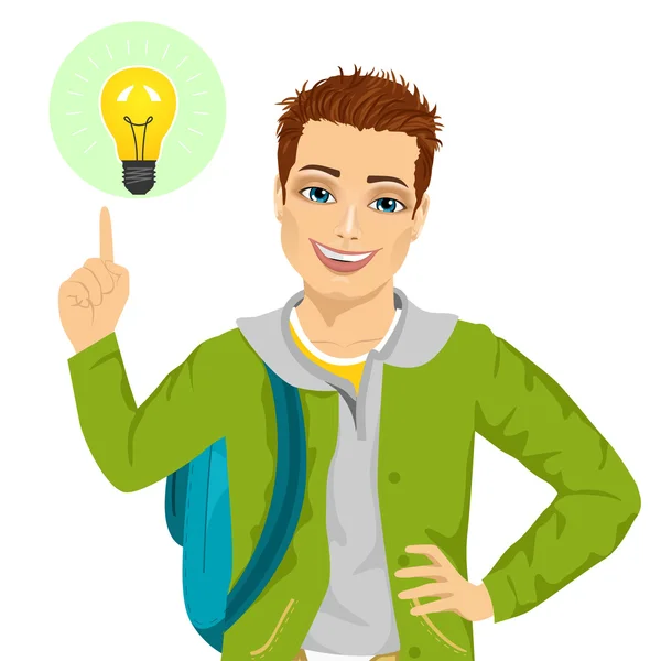 Young student boy pointing finger to light bulb having an idea — Stock vektor