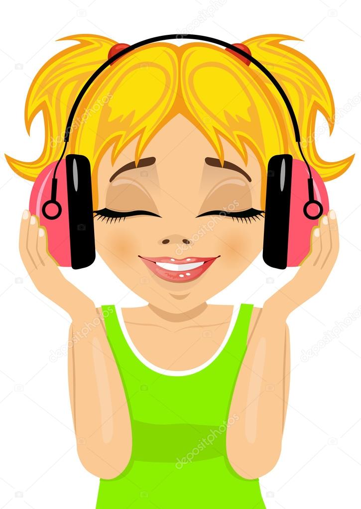 little cute blonde girl enjoys listening to music with headphones