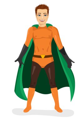 handsome young man in superhero costume standing legs apart clipart