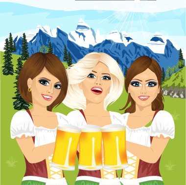 Bira tankards karşı ülke sahne Dağları ile tutarak üç oktoberfest kızlar