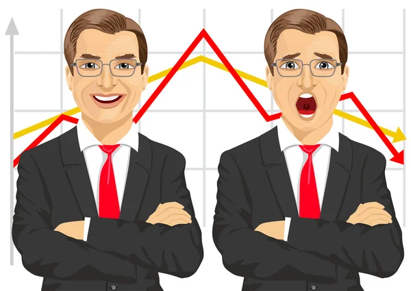 Hombres de negocios con los brazos cruzados mostrando diferentes expresiones faciales en frente de gráficos de línea — Vector de stock