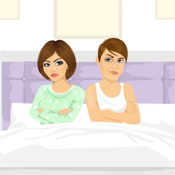 Δυστυχισμένο ζευγάρι με χέρια που κάθονται στο κρεβάτι πίσω στην πλάτη — Διανυσματικό Αρχείο