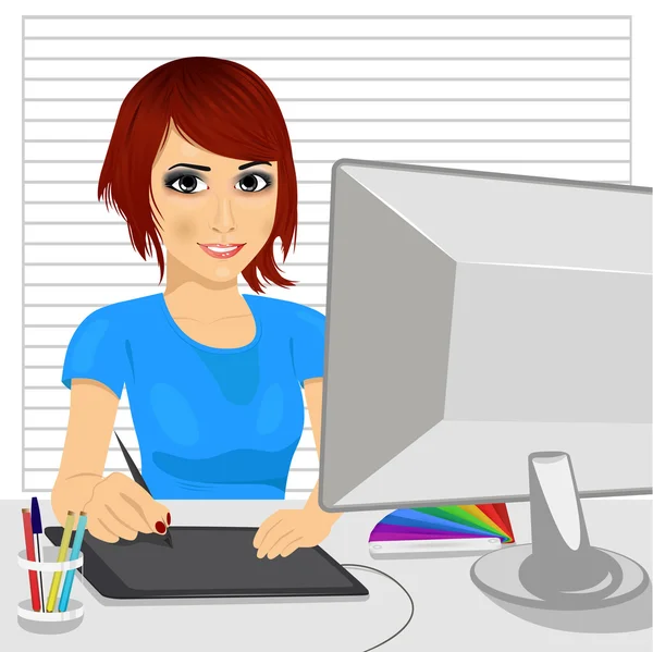 Bonito asiático feminino designer no escritório trabalhando com digital gráfico tablet e digital caneta — Vetor de Stock