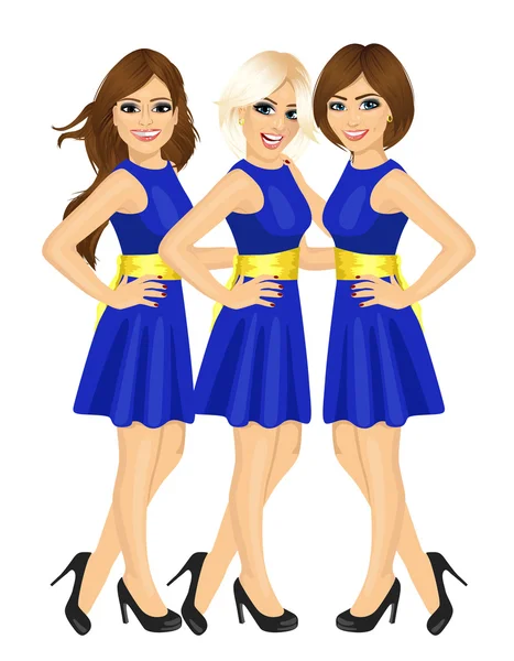 Tres hermosas mujeres anfitrionas feria profesional de pie con uniforme azul — Vector de stock